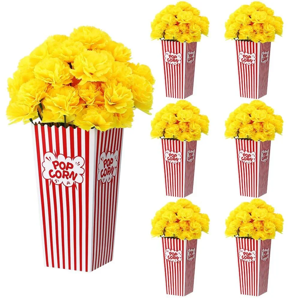 6 Sets Movie Night Table Centerpieces - Popcorn Buckets + Artificial Carnations